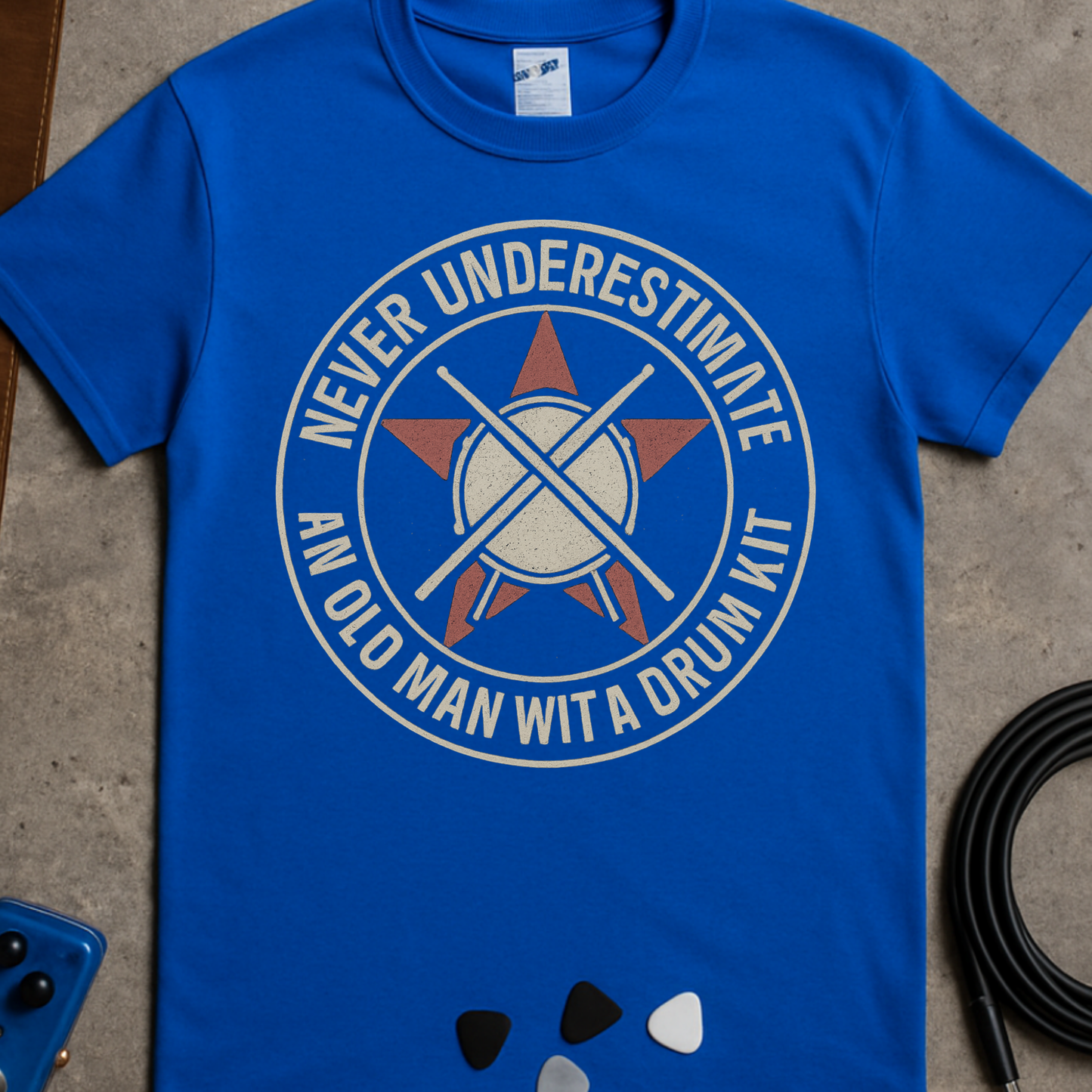 Underestimate Drums Man Badge T-Shirt