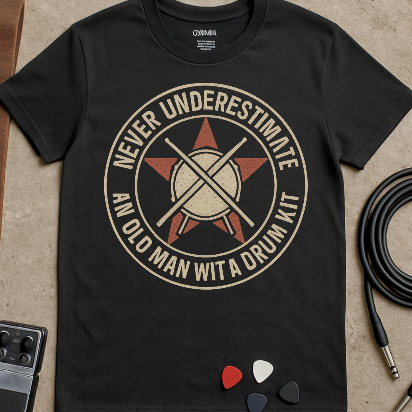 Underestimate Drums Man Badge T-Shirt