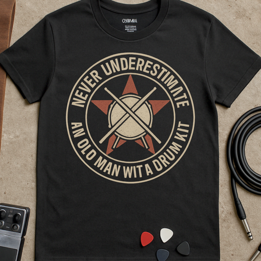Underestimate Drums Man Badge T-Shirt