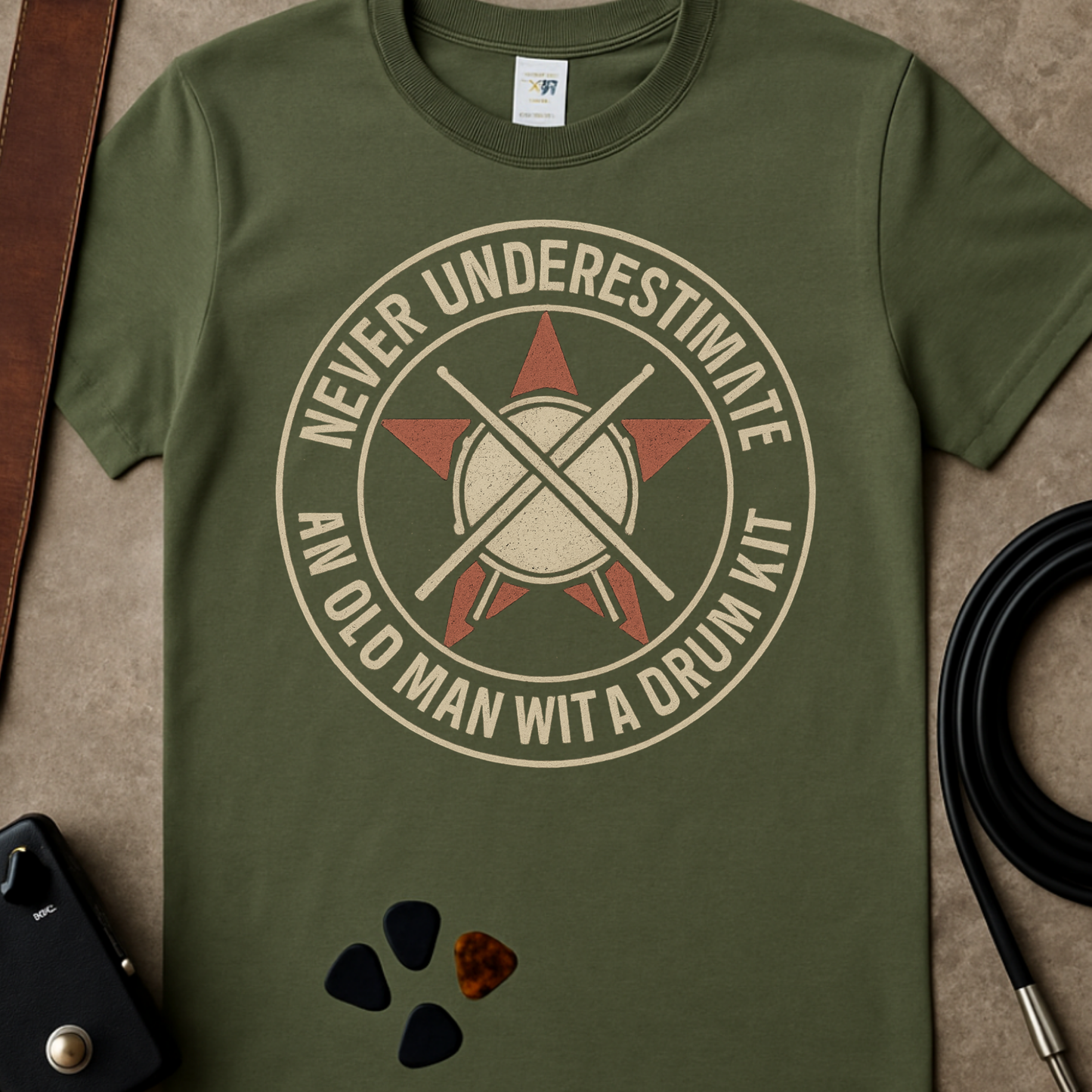 Underestimate Drums Man Badge T-Shirt